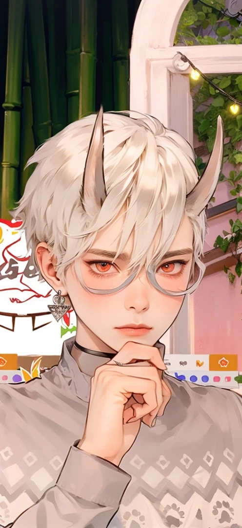 masutepiece, Best Quality, 1 boy, Short hair, Silver hair, sharpteeth, tusk,Choker,Red eyes,Black leather shirt, blush, western building, charicature, Looking at Viewer, Dog ears are attached on the head