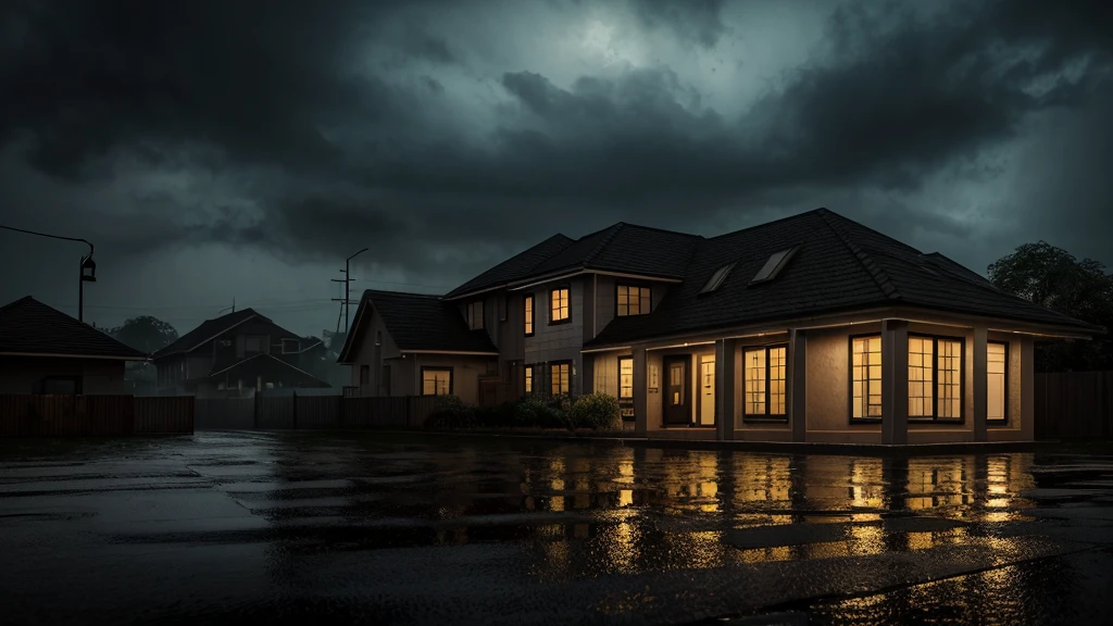 urban mid class house at night, with bad weather, detailed architecture, rain puddles, street lights, moody atmosphere, dark clouds, dramatic lighting, cinematic composition, wet pavement, atmospheric perspective, realistic textures, refined details, volumetric fog, dynamic weather effects, award-winning photography, hyper realistic, 8K, masterpiece