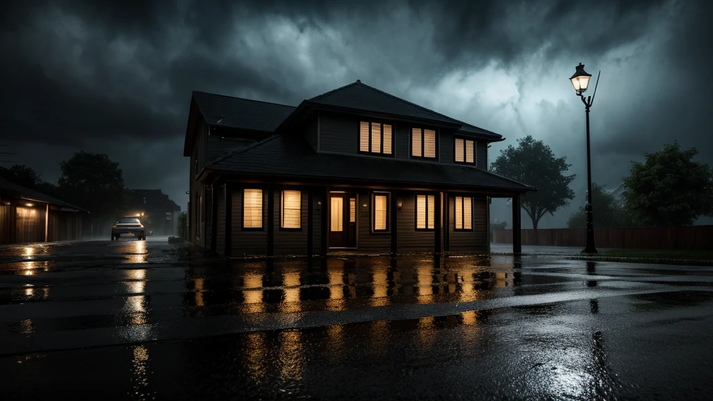 urban mid class house at night, with bad weather, detailed architecture, rain puddles, street lights, moody atmosphere, dark clouds, dramatic lighting, cinematic composition, wet pavement, atmospheric perspective, realistic textures, refined details, volumetric fog, dynamic weather effects, award-winning photography, hyper realistic, 8K, masterpiece
