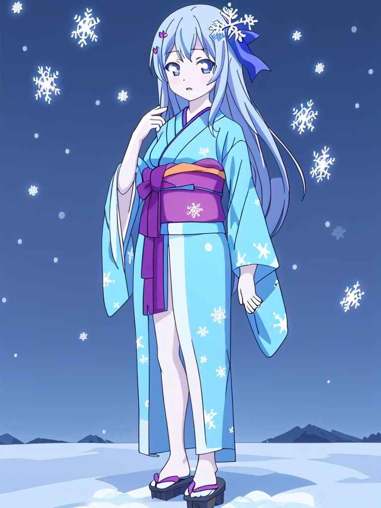 Standing portrait, full body, anime style, anime CG style, gal game CG style, pale skin, single woman, woman around 40 years old, adult woman, mature woman, pastel blue hair, long hair, standard bust, normal bust, medium bust, snowflake hair ornament, snowflake accessories, snow patterned kimono, women's geta, bare feet, masterpiece, high resolution, high quality, plain transparent background,