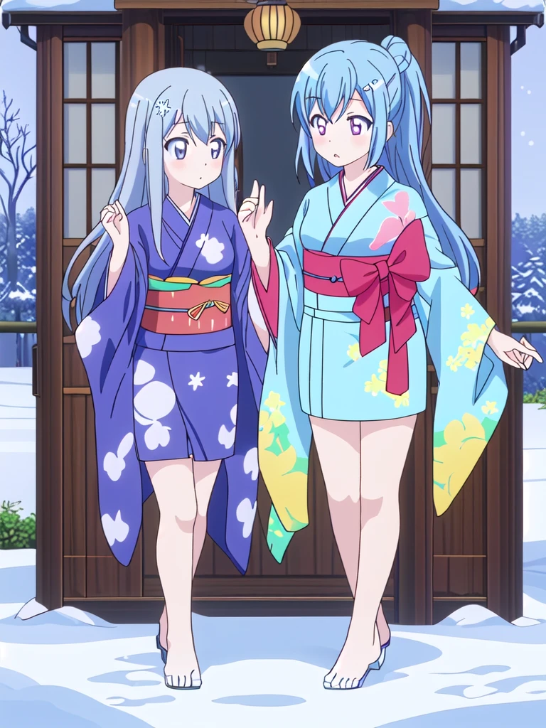 Standing portrait, full body, anime style, anime CG style, gal game CG style, pale skin, single woman, woman around 40 years old, adult woman, mature woman, pastel blue hair, long hair, standard bust, normal bust, medium bust, snowflake hair ornament, snowflake accessories, snow patterned kimono, women's geta, bare feet, masterpiece, high resolution, high quality, plain transparent background,