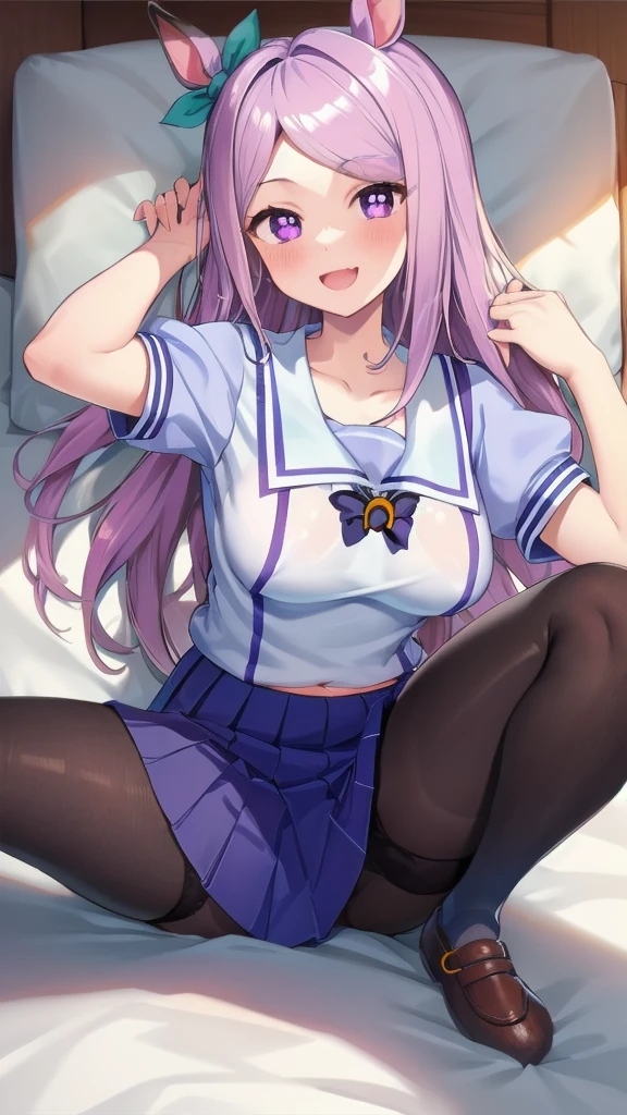 ((8K, Best Quality, masterpiece, Highly detailed)),{{{NSFW}}},Semi-realistic illustrations,Mejiro McQueen \(umamusume\),{1 girl,beautiful girl,cute,smile,kawaii, lovely,blushing,playful expression},sharp focus,oily skin,beautiful detailed hair,glossy hair,(wear school uniform:1.5),(two nipples slip from school uniform:1.2)(NSFW),erection-of-nipples,(lying on the bed:1.2),wear long school skirt,perfect two legs,(spread two legs:1.2),(show-off-white-panties:1.3),five fingers,large breaths,wear black pantyhose,beautiful detailed eyes,jewel like eyes,violet eyes, (two hands behind head:1.1),open mouth,armpits, solo,beautiful navel, looking at viewer,collarbone,earring