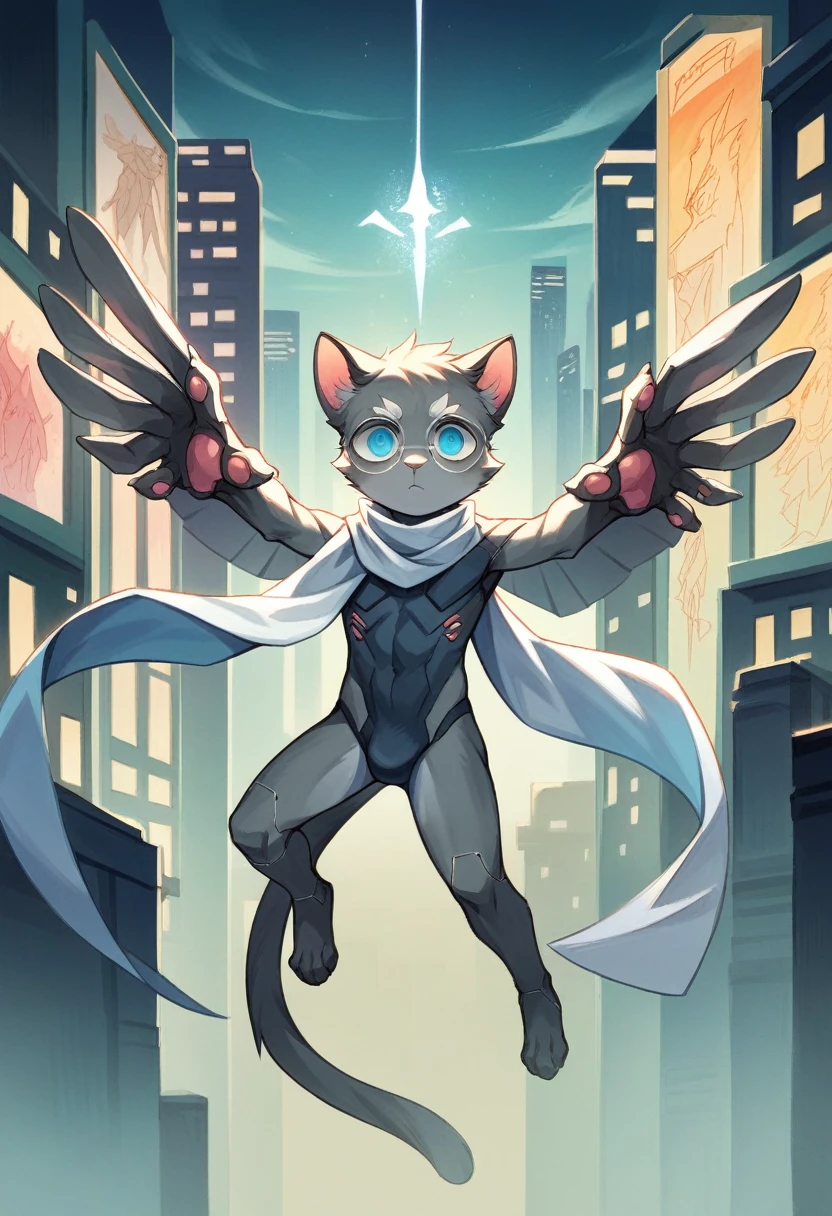Highest quality, delicate painting style, delicate hook line, masterpiece, delicate skin, delicate hair, complete painting, masterpiece, delicate hands, delicate eyes, normal eyes, gray cat ears, furry, black frame round glasses, blue eyes, handsome, ((white scarf)), cat style, Shota, cyberpunk, blue pupils, city night view, gray crystal wings, mottled light and shadow, boy, bright eyes of God. , crystal shards in the air, cities, gray fur