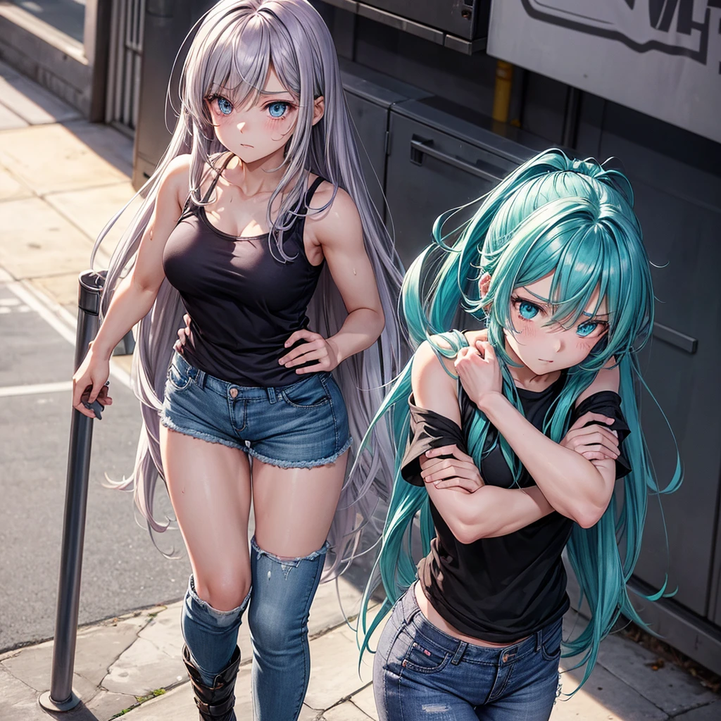 create a full body shoujo anime panel image of a woman, long flat gray hair with purple highlights, intense turquoise eyes, with a black tank top and short jeans with only her arms and knees all bruised and bruised, expression of pain