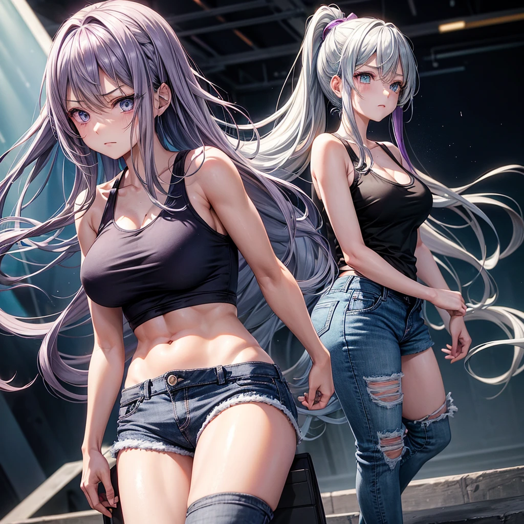 create a full body shoujo anime panel image of a woman, long flat gray hair with purple highlights, intense turquoise eyes, with a black tank top and short jeans with only her arms and knees all bruised and bruised, expression of pain