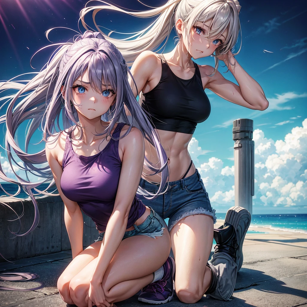 create a full body shoujo anime panel image of a woman, long flat gray hair with purple highlights, intense turquoise eyes, with a black tank top and short jeans with only her arms and knees all bruised and bruised, expression of pain