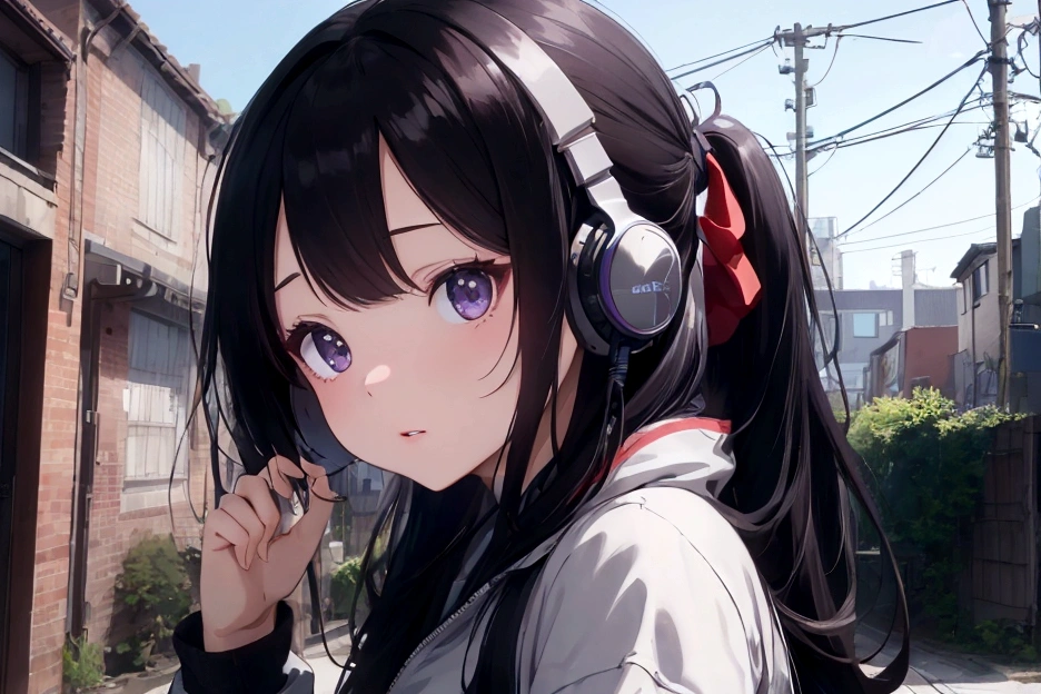 8K,Best Quality, Masterpiece,girl、Black Hair、long、heroine、Music Studio、Wearing headphones、Audio Recording