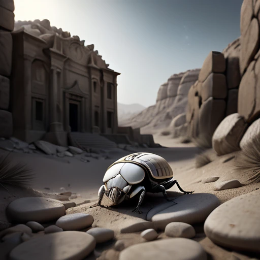 (best quality,4k,8k,highres,masterpiece:1.2),ultra-detailed,(realistic,photorealistic,photo-realistic:1.37), white stone scarab in the desert, illustration,[dark and gritty atmosphere], detailed debris, cobble walls, glowing eyes of the insect, fantasy style, white stone, lights reflecting on the scarab, cold palette, low-key lighting