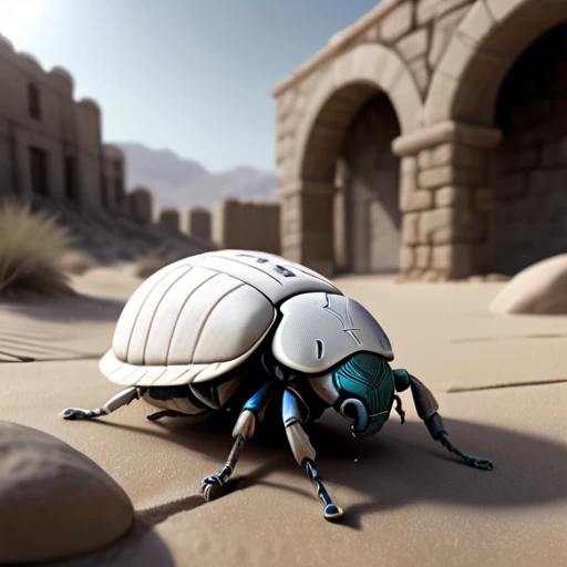 (best quality,4k,8k,highres,masterpiece:1.2),ultra-detailed,(realistic,photorealistic,photo-realistic:1.37), white stone scarab in the desert, illustration,[dark and gritty atmosphere], detailed debris, cobble walls, glowing eyes of the insect, fantasy style, white stone, lights reflecting on the scarab, cold palette, low-key lighting