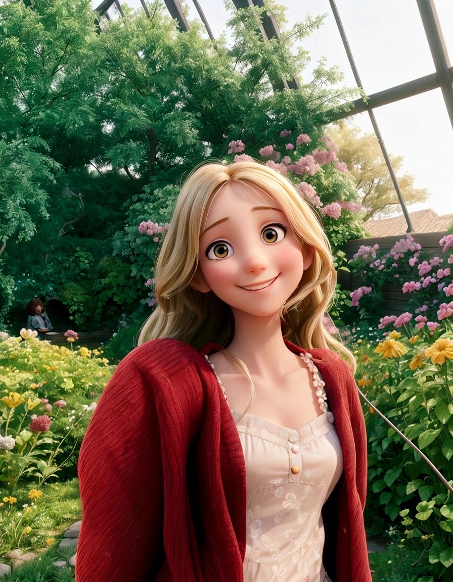 a girl in the garden smiling with sunlight coming down