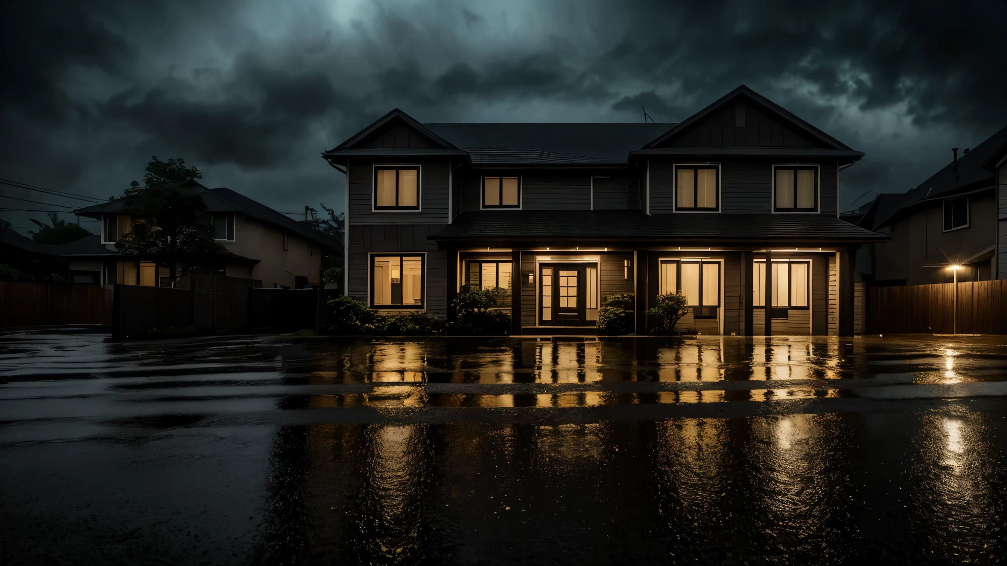 urban mid class house at night, with bad weather, detailed architecture, rain puddles, street lights, moody atmosphere, dark clouds, dramatic lighting, cinematic composition, wet pavement, atmospheric perspective, realistic textures, refined details, volumetric fog, dynamic weather effects, award-winning photography, hyper realistic, 8K, masterpiece