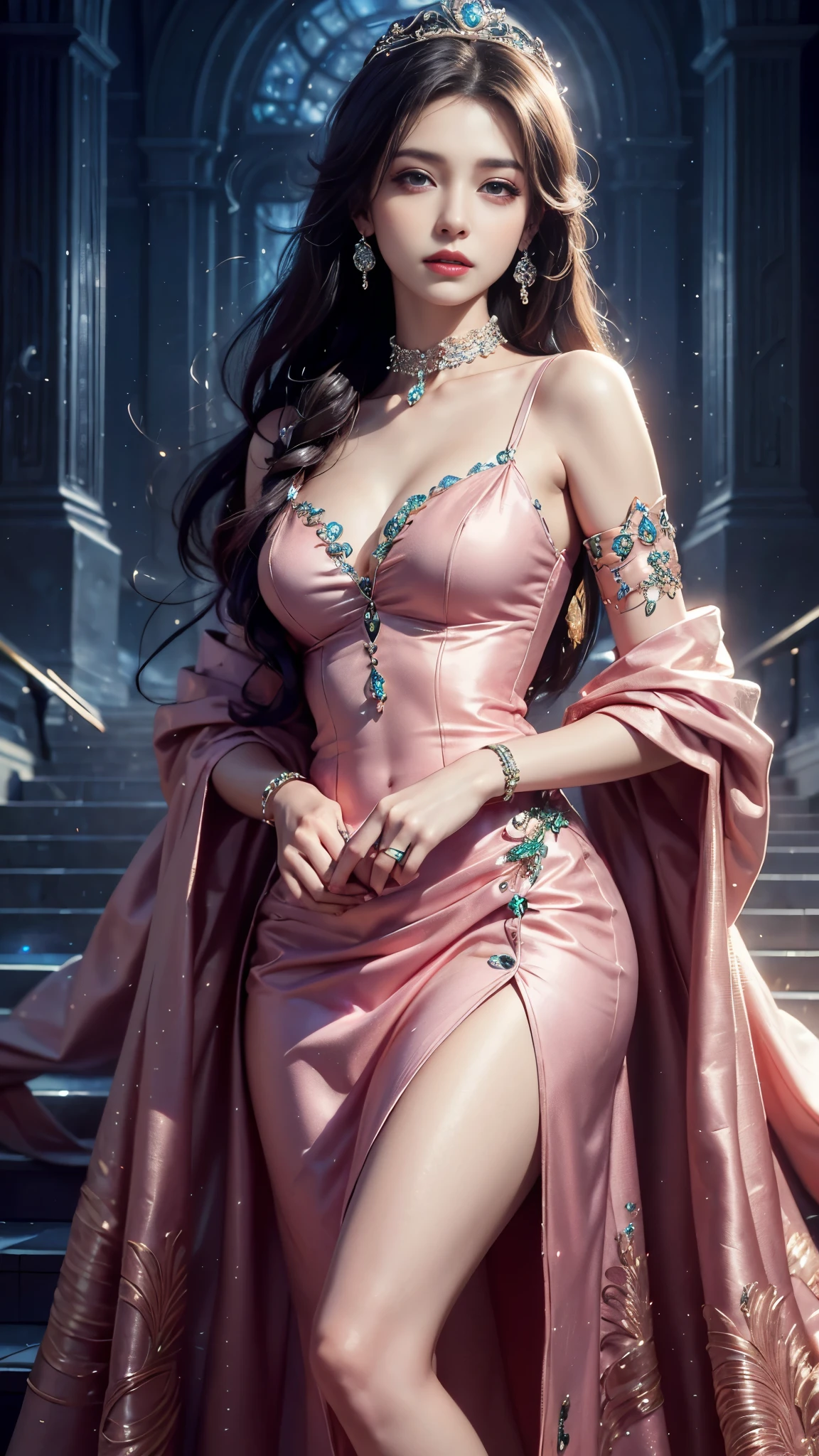8K ultra hd, masterpiece, best quality, a beautiful girl, long hair, impressive hairstyle, royal hair jewelry, pretty cute face, flawless face, jewellery earrings, antique jewellery, details eyes, beautiful eyes, meticulous makeup, thin eyebrows, beautiful detailed lips, medium breasts, princess dress, pink dress, light pink laces, choker, strap dress, mesh clothiong, realistic colors, magic effect, night background, look directly at the audience.