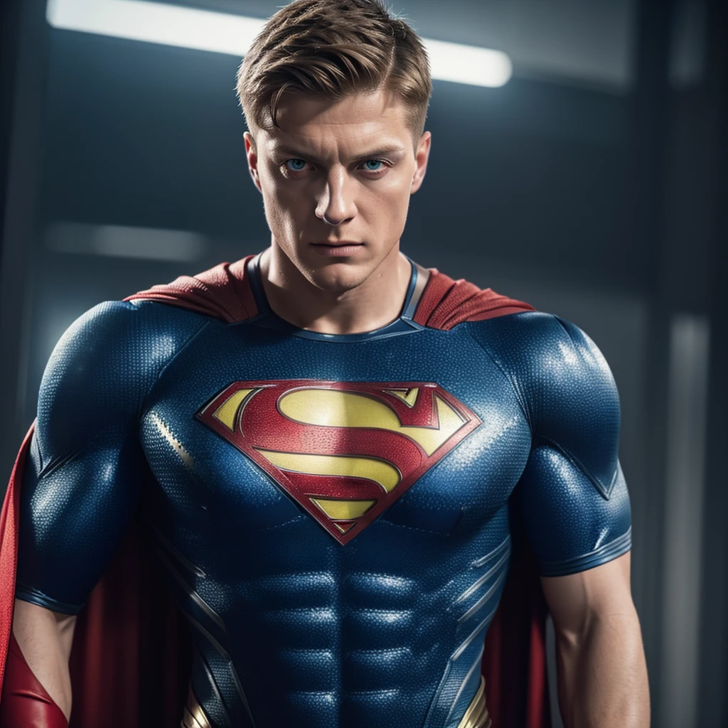 Toni Kroos as Superman in DC, detailed superhero suit, Germany flag on chest, muscular body, piercing eyes, chiseled jawline, heroic pose, dramatic lighting, cinematic composition, rich color palette, gritty realism, (best quality,4k,8k,highres,masterpiece:1.2),ultra-detailed,(realistic,photorealistic,photo-realistic:1.37)