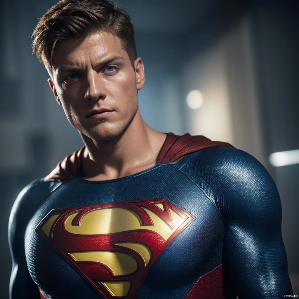 Toni Kroos as Superman in DC, detailed superhero suit, Germany flag on chest, muscular body, piercing eyes, chiseled jawline, heroic pose, dramatic lighting, cinematic composition, rich color palette, gritty realism, (best quality,4k,8k,highres,masterpiece:1.2),ultra-detailed,(realistic,photorealistic,photo-realistic:1.37)