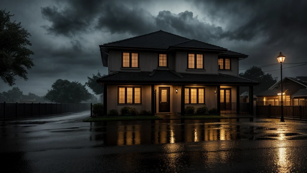 urban mid class house at night, with bad weather, detailed architecture, rain puddles, street lights, moody atmosphere, dark clouds, dramatic lighting, cinematic composition, wet pavement, atmospheric perspective, realistic textures, refined details, volumetric fog, dynamic weather effects, award-winning photography, hyper realistic, 8K, masterpiece