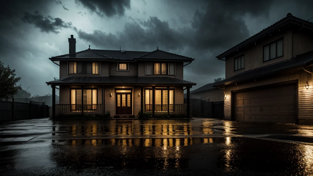 urban mid class house at night, with bad weather, detailed architecture, rain puddles, street lights, moody atmosphere, dark clouds, dramatic lighting, cinematic composition, wet pavement, atmospheric perspective, realistic textures, refined details, volumetric fog, dynamic weather effects, award-winning photography, hyper realistic, 8K, masterpiece