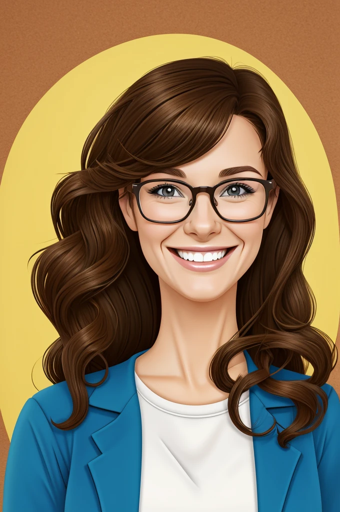 Cartoon, animated cartoon, a woman, linda, teacher, brunette teacher, with glasses, long brown hair with curls, smiling, con breakers, laughter, happy, happy, bright brown eyes, colorful background