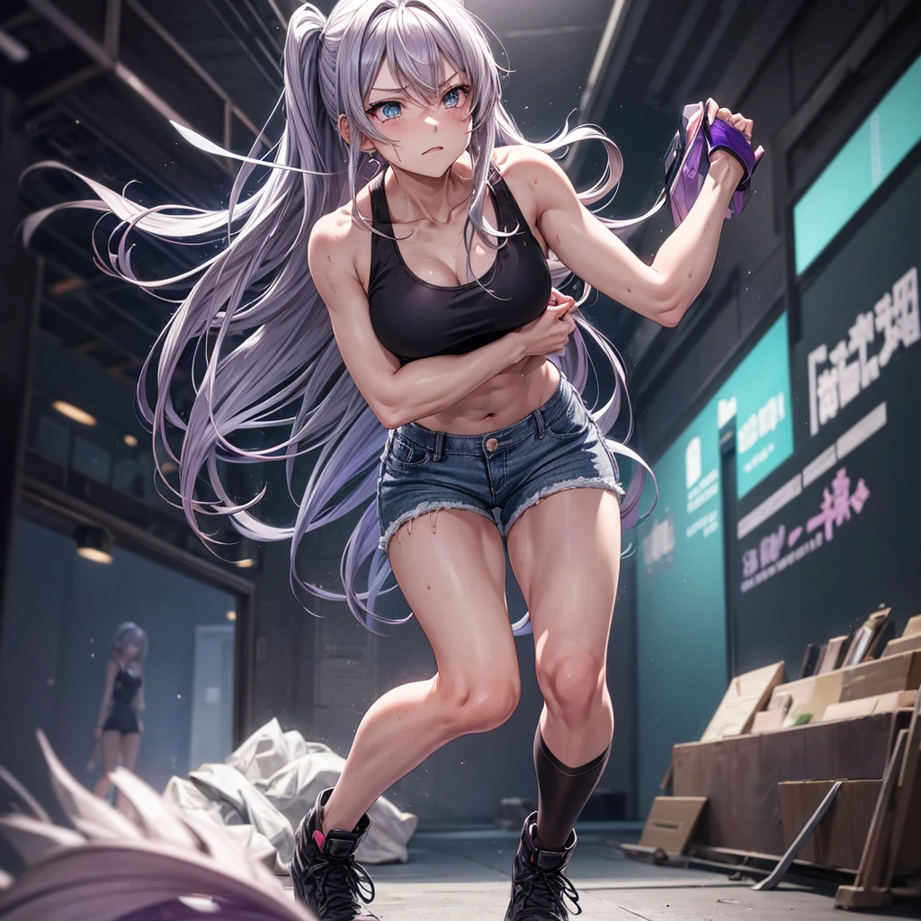 create a full body shoujo anime panel image of a woman, long flat gray hair with purple highlights, intense turquoise eyes, with a black tank top and short jeans with only her arms and knees all bruised and bruised, expression of pain