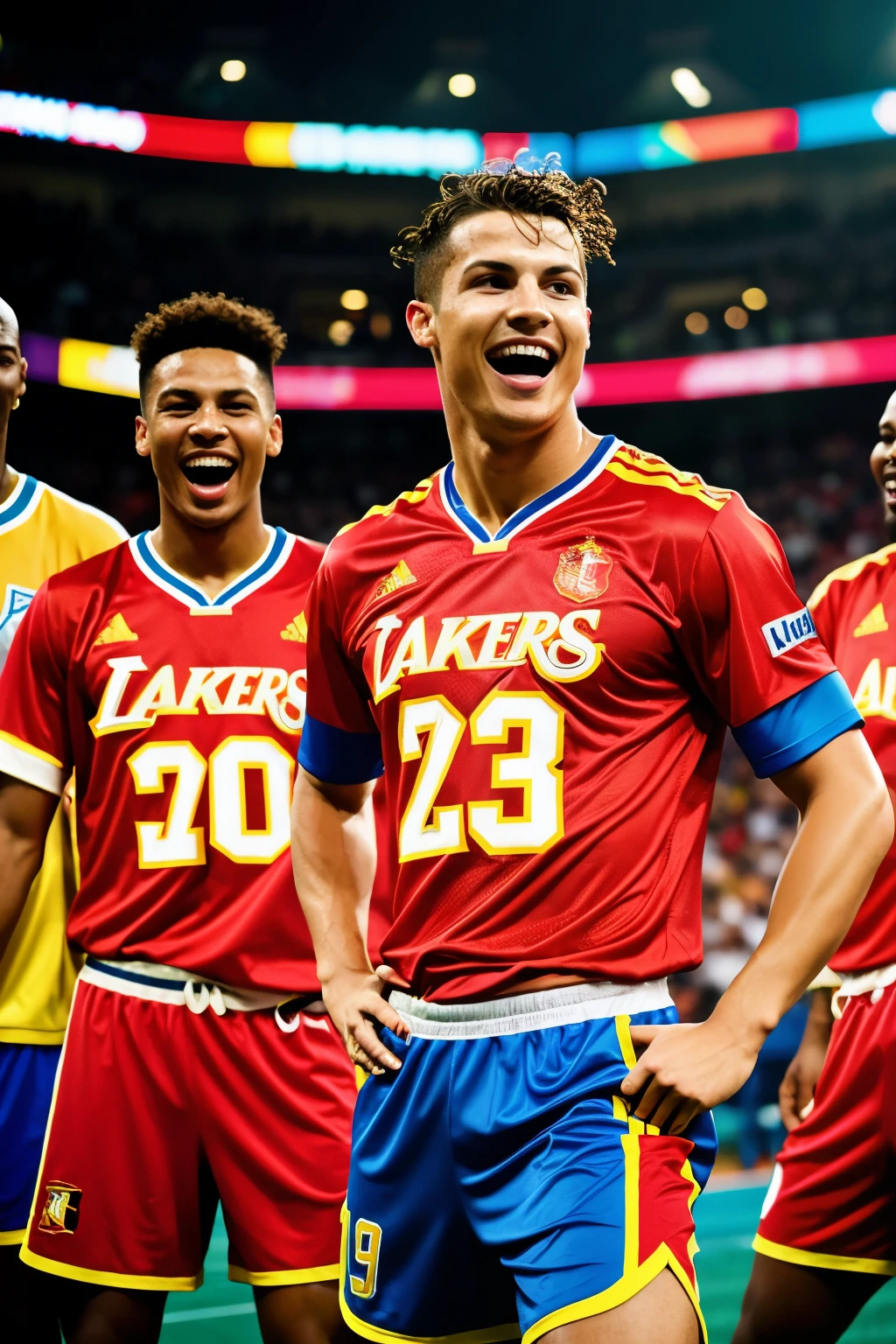 a dynamic sports jersey party, colorful and energetic team uniforms, vivid patterns, high contrast colors, group of friends laughing and cheering, dynamic motion blur, photorealistic, 8k, high quality, vibrant lighting, sports arena background, dramatic composition, cinematic angles, best quality with cristiano ronaldo jersey, mahomes jersey and michael jordan jersy infront of a party