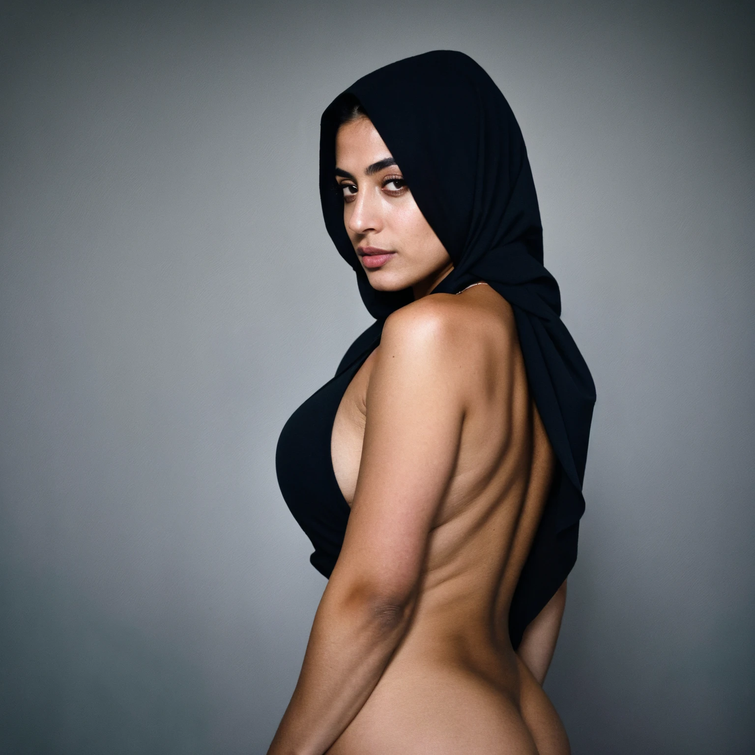 RAW photo,dark,moody,hazy atmosphere,35mm focal lenght,underexposed,cold,candid photograph,artistic,full body,photo of a beautiful,influencer,30yo Iranian woman,black, hijab,detailed skin,naked, looking away from viewer, thick body structure,grey background,no background, candid pose,dim room,blue light, film grain, kodak color, instagram LUT