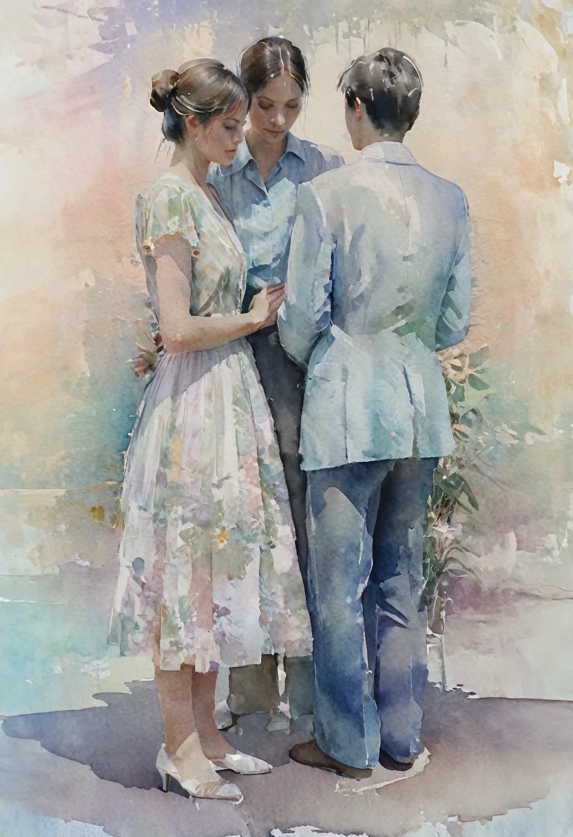 A watercolor painting of two people standing together, hands clasped, with a subtle gradient of colors in the background, evoking a sense of nostalgia and longing. The scene captures the quiet moments they share, with whispers and unspoken words. The style blends soft, dreamy hues with subtle textures, reminiscent of vintage photographs. The overall mood is contemplative, reflecting the introspective nature of the reflectrion love and Distance.
