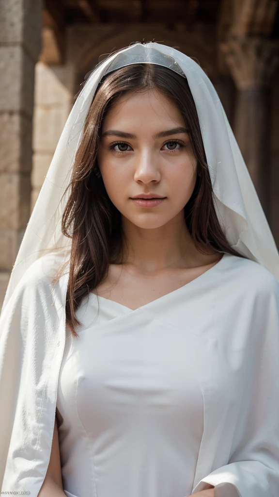 professional photograph, novice of a medieval temple in a white cape,
innocence, white is a color associated with purity and spirituality, beautiful
face of woman, skin with pores, peach fuzz, viral, 1DX Mark III,
Canon EF 85mm f/1.4 L IS USM Lense, shutter speed 1/125,
aperture f/11.0, ISO 100, 8k, HDR, ambient lighting, cinematography,
photorealistic, epic composition, cinematic, color grading,
depth of field, hyper-detailed, editorial photography,
photoshoot, super-resolution