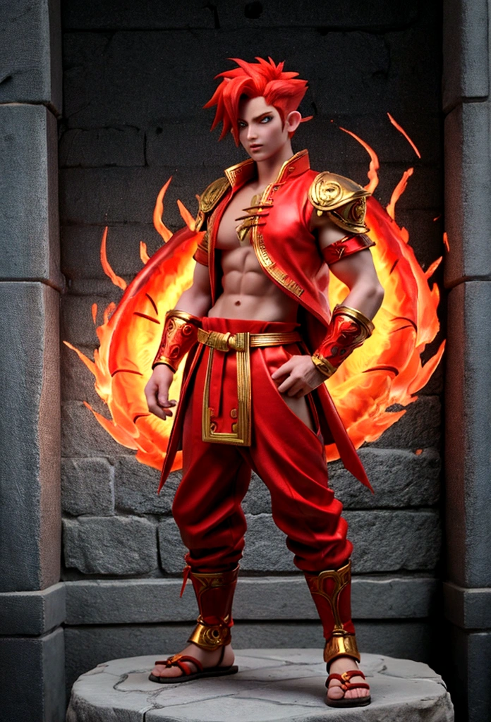 creates a male fire god with full body fire red hair