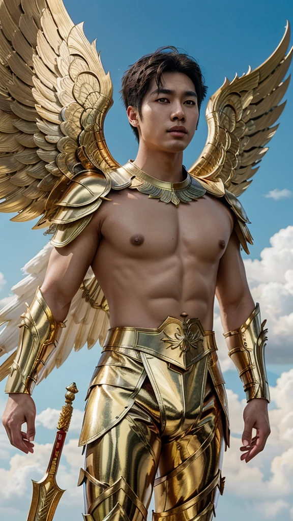Asian men as christian angel wearing golden metal underwear war armor,Angel wings, holding golden king staff, Korean male model, k pop idol, BTS Jin Lookalike, topless, muscles, head to toe, full body portrait, realistic, romantic, photograph, portrait, elegance handsome, athlete body, full frame,appeals,playful, flying in the heaven sky, beautiful cloud.