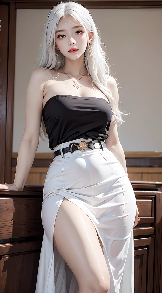 high resolution, 1women, solo, shining skin, jewelry, waist up, white hair, , skirt, classroom