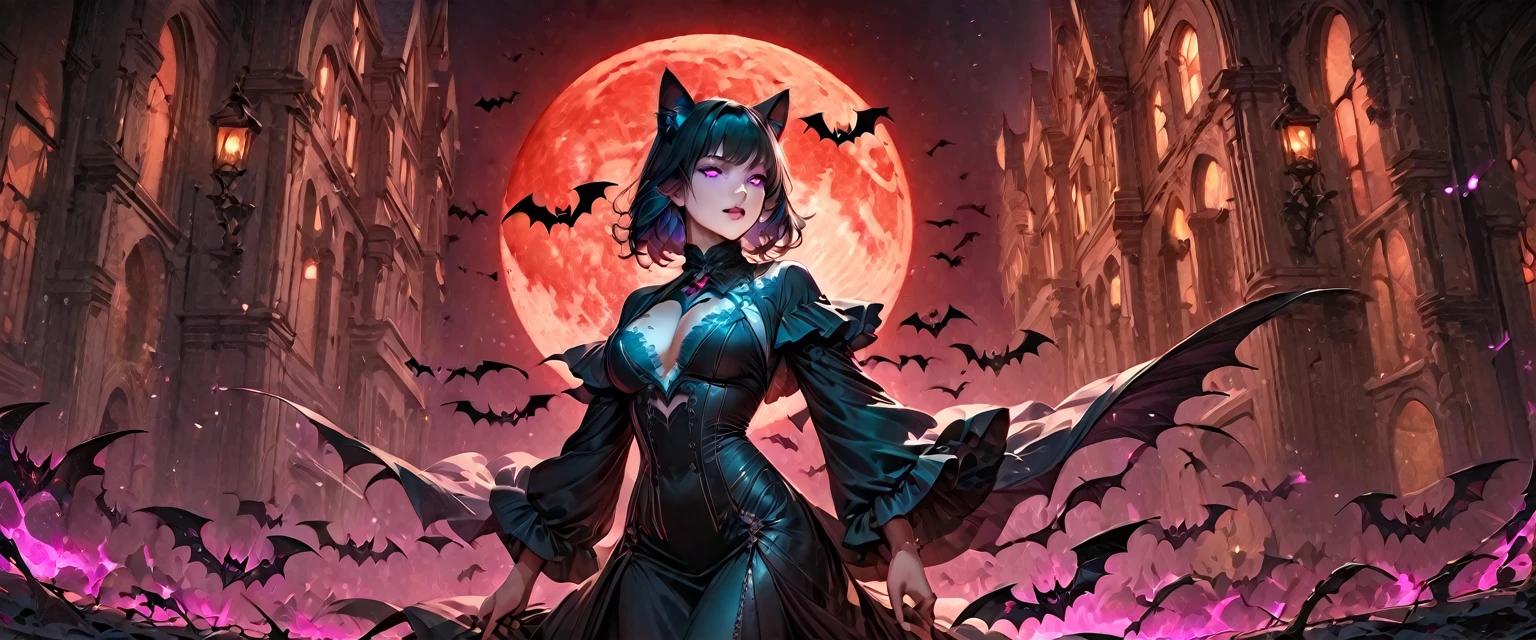 Fine Art, (line Illustration), 8k Resolution, (Intricate Details:1.2), Best Quality, Realistic, Ultra Detailed, Best Lighting, Best Shadows, Ultra HD, Busty Female Necromancer, Night Magic, Dark Style, Vampire Bats Flying in the Castle Background, Purple glowing eyes, Blood moon rising against the sky, (Amber and Teal Color palette)