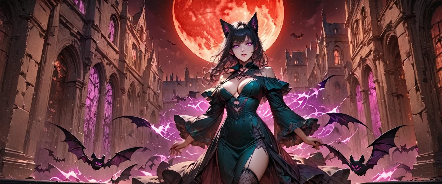 Fine Art, (line Illustration), 8k Resolution, (Intricate Details:1.2), Best Quality, Realistic, Ultra Detailed, Best Lighting, Best Shadows, Ultra HD, Busty Female Necromancer, Night Magic, Dark Style, Vampire Bats Flying in the Castle Background, Purple glowing eyes, Blood moon rising against the sky, (Amber and Teal Color palette)