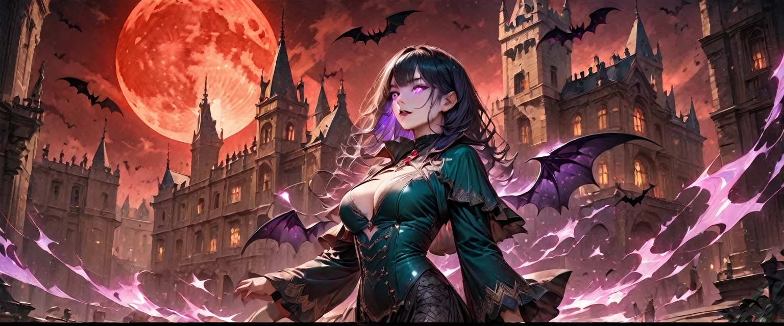 Fine Art, (line Illustration), 8k Resolution, (Intricate Details:1.2), Best Quality, Realistic, Ultra Detailed, Best Lighting, Best Shadows, Ultra HD, Busty Female Necromancer, Night Magic, Dark Style, Vampire Bats Flying in the Castle Background, Purple glowing eyes, Blood moon rising against the sky, (Amber and Teal Color palette)