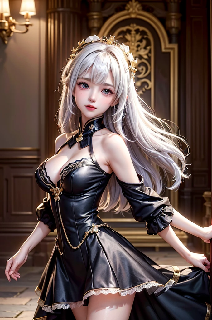 (Upper body image)((masterpiece:1.5,Highest quality,Highly detailed images,Beautiful images、Realistic、Photorealistic、2.5D))(1girl, 独奏)(Adult women、large breasts, white hair, beautiful eyes, Healthy legs、Tight ass、A little bit of her butt is visible through the slit、Beautiful cleavage)(Fantasy dresses、Fantasy Clothes、Black battle dress、black dress:1.5, Deep slit)(smile, wind, floating hair)(bright、Soft lighting、Inside the castle、The King's Chamber)