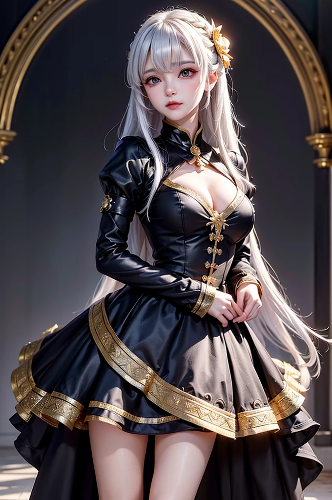 (Upper body image)((masterpiece:1.5,Highest quality,Highly detailed images,Beautiful images、Realistic、Photorealistic、2.5D))(1girl, 独奏)(Adult women、large breasts, white hair, beautiful eyes, Healthy legs、Tight ass、A little bit of her butt is visible through the slit、Beautiful cleavage)(Fantasy dresses、Fantasy Clothes、Black battle dress、black dress:1.5, Deep slit)(smile, wind, floating hair)(bright、Soft lighting、Inside the castle、The King's Chamber)