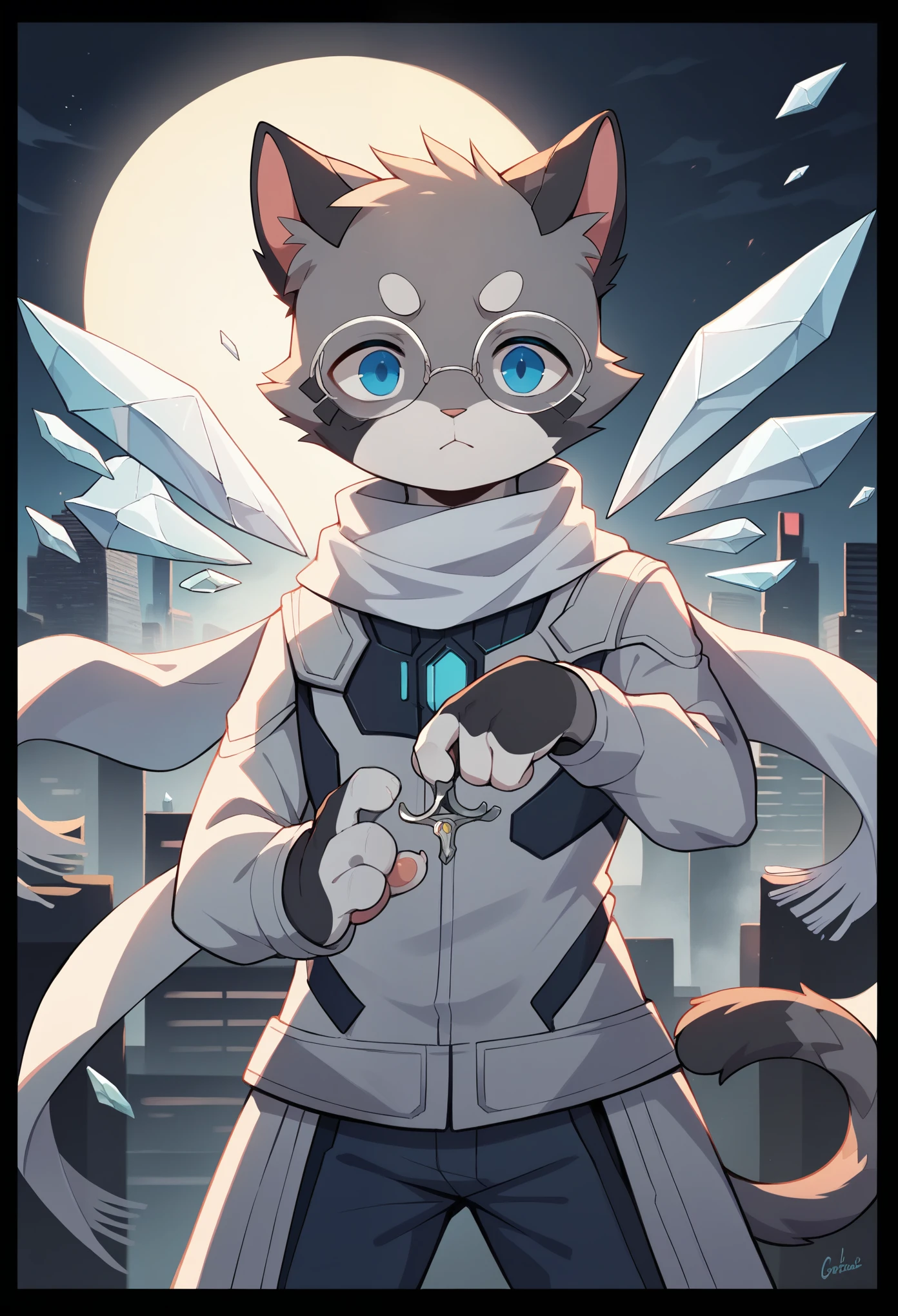 Highest quality, delicate painting style, delicate hook line, masterpiece, delicate skin, delicate hair, complete painting, masterpiece, delicate hands, delicate eyes, normal eyes, gray cat ears, furry, black frame round glasses, blue eyes, handsome, ((white scarf)), cat style, Shota, cyberpunk, blue pupils, city night view, gray crystal wings, mottled light and shadow, boy, bright eyes of God. , crystal shards in the air, cities, gray fur