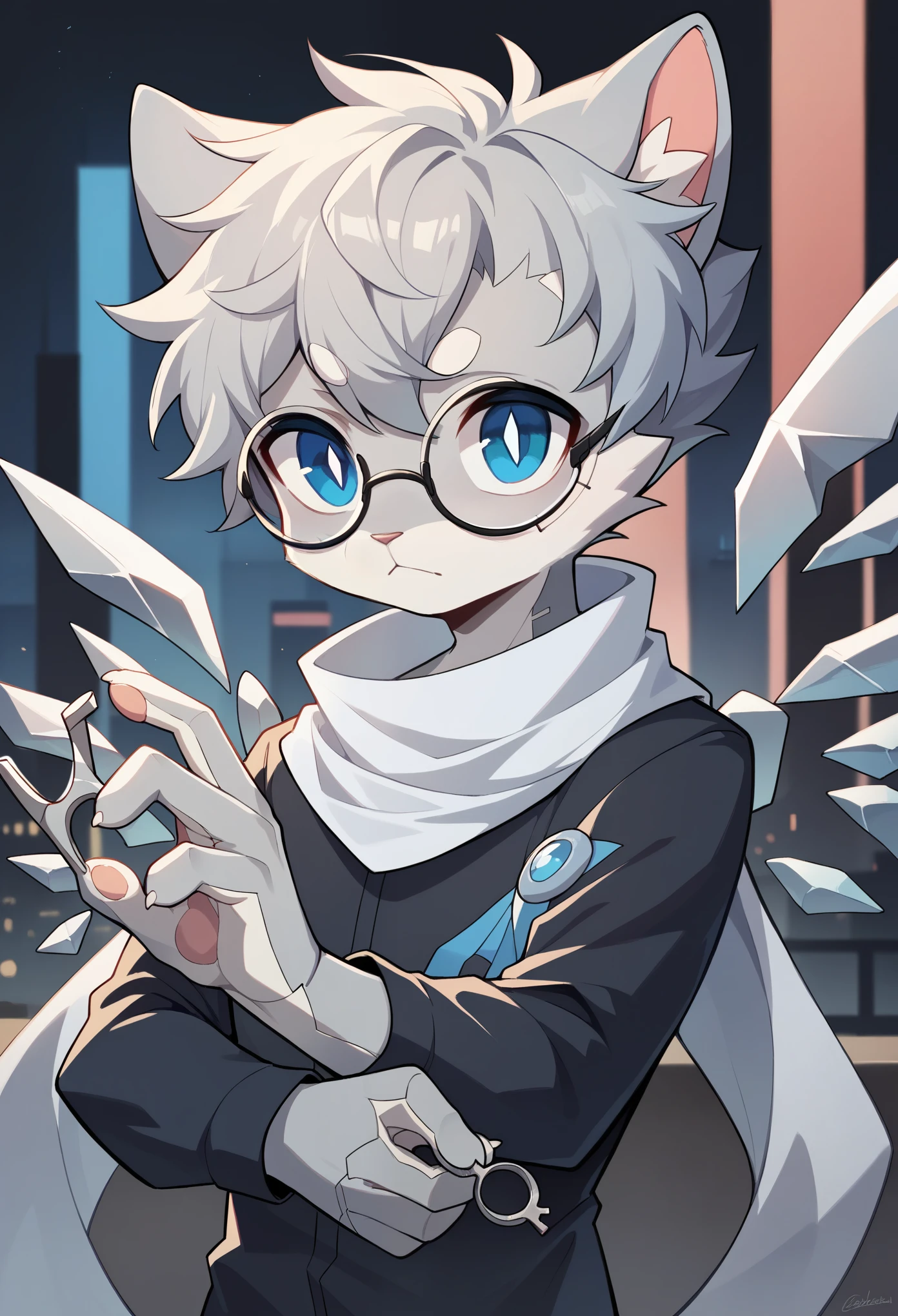 Highest quality, delicate painting style, delicate hook line, masterpiece, delicate skin, delicate hair, complete painting, masterpiece, delicate hands, delicate eyes, normal eyes, gray cat ears, furry, black frame round glasses, blue eyes, handsome, ((white scarf)), cat style, Shota, cyberpunk, blue pupils, city night view, gray crystal wings, mottled light and shadow, boy, bright eyes of God. , crystal shards in the air, cities, gray fur