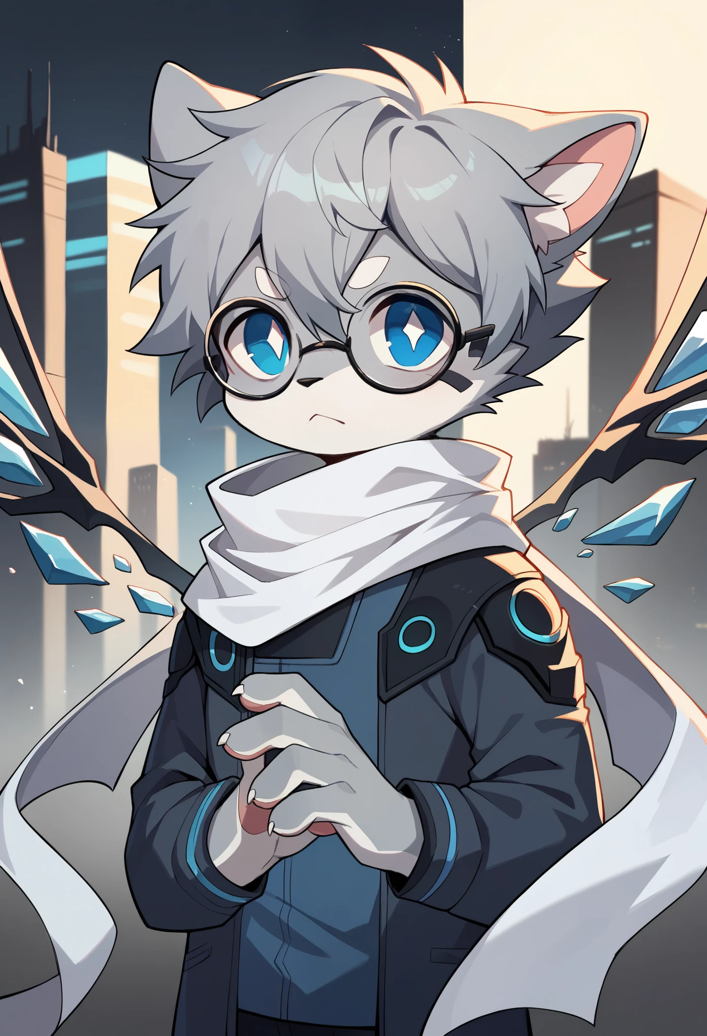 Highest quality, delicate painting style, delicate hook line, masterpiece, delicate skin, delicate hair, complete painting, masterpiece, delicate hands, delicate eyes, normal eyes, gray cat ears, furry, black frame round glasses, blue eyes, handsome, ((white scarf)), cat style, Shota, cyberpunk, blue pupils, city night view, gray crystal wings, mottled light and shadow, boy, bright eyes of God. , crystal shards in the air, cities, gray fur