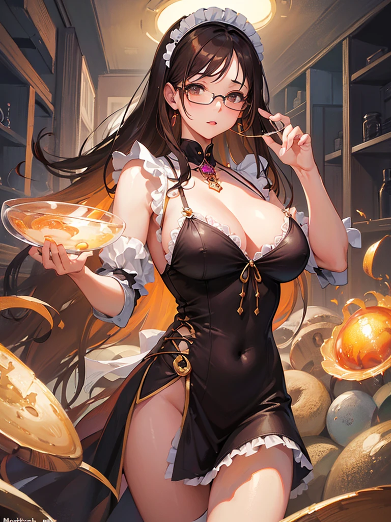 NSFW、1 Female、Brown hair、Brown Eyes、Best Quality、Super detailed、8 Resolution、Raw photo、Mastepiece、Perfect Body、high resolution、Highest quality、Detailed drawing、Vibrant colors、lure、Long Hair、Black-rimmed glasses、Captivating breasts、Big Breasts、Maid clothes