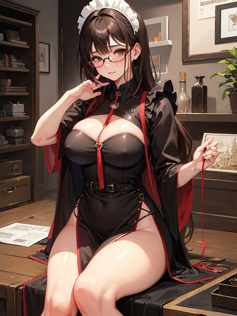 NSFW、1 Female、Brown hair、Brown Eyes、Best Quality、Super detailed、8 Resolution、Raw photo、Mastepiece、Perfect Body、high resolution、Highest quality、Detailed drawing、Vibrant colors、lure、Long Hair、Black-rimmed glasses、Captivating breasts、Big Breasts、Maid clothes