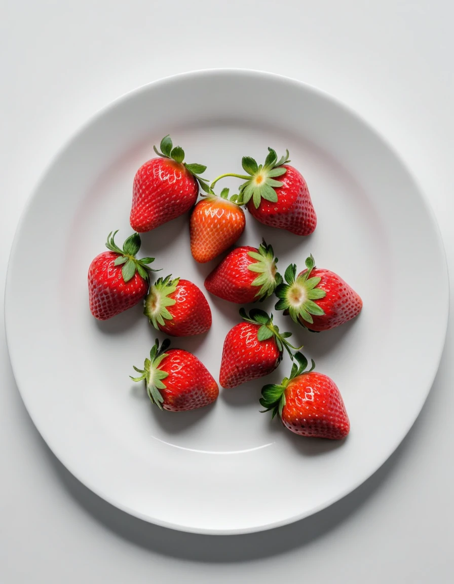 (strawberry berry on a white plate), hyperdetalization, hyperrealism, beautiful foreshortening, cinematic, glow, reflexes, illuminated ((dominant three colors))
