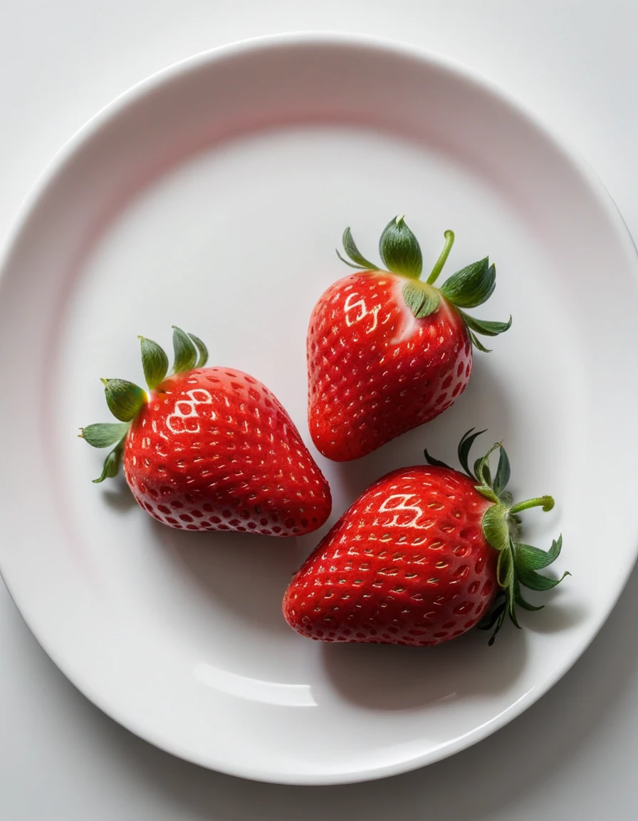 (strawberry berry on a white plate), hyperdetalization, hyperrealism, beautiful foreshortening, cinematic, glow, reflexes, illuminated ((dominant three colors))