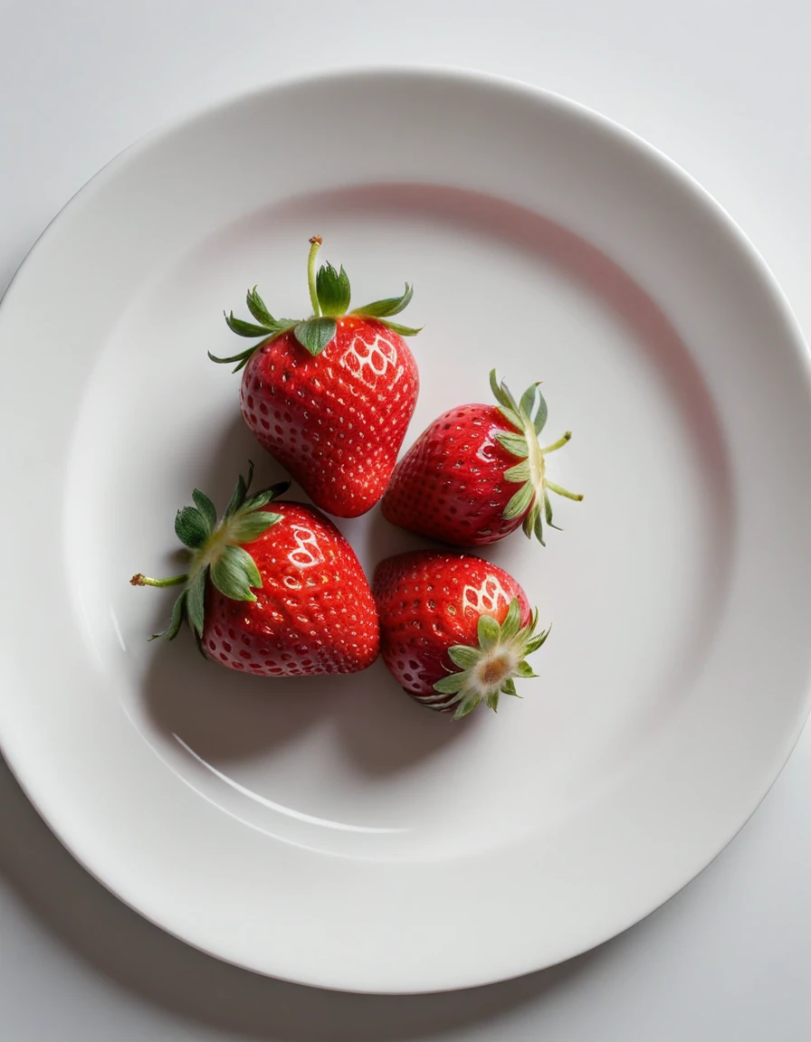 (strawberry berry on a white plate), hyperdetalization, hyperrealism, beautiful foreshortening, cinematic, glow, reflexes, illuminated ((dominant three colors))