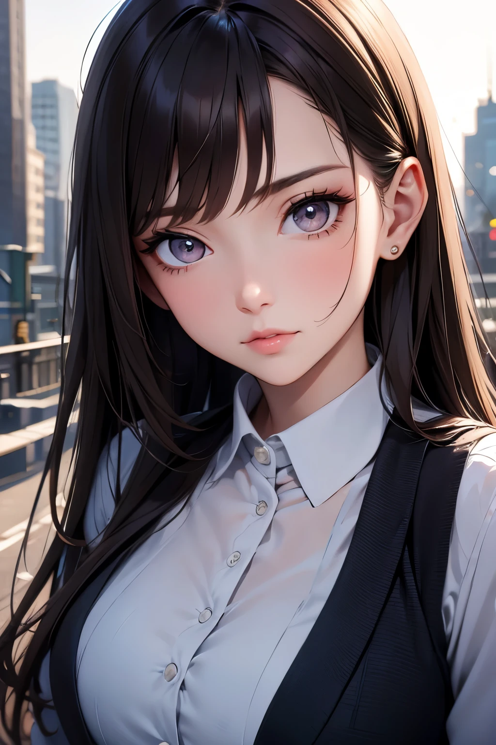 Upper body close-up image.A beautiful woman. Dark brown hair. Twenty years old. Beautiful double eyes. The bridge of my nose. Well-shaped lips. She is looking at the camera with a tense expression. She is standing in a dark, deserted city filled with thick fog.