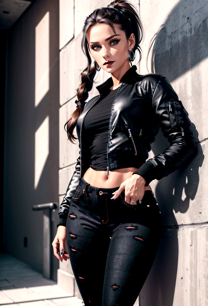masterpiece, best quality, (extremely detailed CG unity 8k wallpaper), (best quality), (best illustration), (best shadow), absurdres, realistic lighting, (Abyss), beautiful detailed glow, full body shot of a beautiful 30 year old woman, woman from croatia, fit body, ( ( ( wearing tight black jeans ) ) ), ( wearing bomber jacket ), long dark brown hair, hair tied back tightly, long ponytail, light grey eyes, piercing beautiful eyes, earring loops, view from front, standing, tight jeans, black jeans, black jacket, open jacket, bomber jacket, black, beautiful face, piercing eyes
