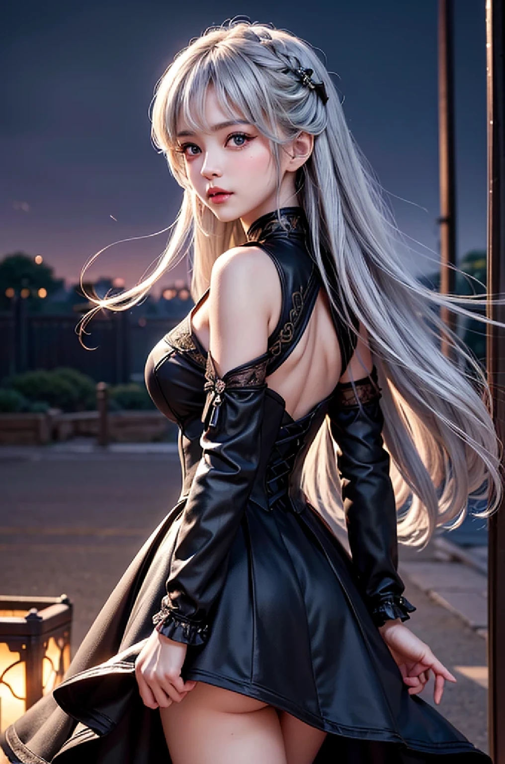 (Upper body image)((masterpiece:1.5,Highest quality,Highly detailed images,Beautiful images、Realistic、Realistic、2.5D))(One girl, solo)(Adult female、Large Breasts, Gray Hair, Beautiful Eyes, Healthy legs、Tight ass、A little bit of her butt is visible through the slit.、Beautiful cleavage)(Fantasy Dress、Fantasy Clothing、Black battle dress、Black Dress:1.5, Deep slit)(smile, Wind, Floating Hair)(bright、Soft lighting、In the city、The King's Chamber）From behind

