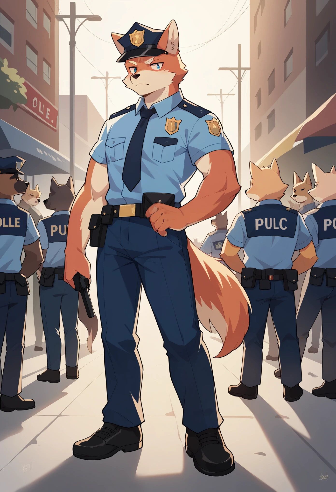 top quality, best quality, highres, masterpiece, super high resolution, detailed background, street, gasping for air(super handsome boys, dog)police officer, swat, police uniform, 6+boys, 6+girls, absurdres(highly detailed beautiful face and eyes)perfect anatomy, good lighting, volumetric lighting, cinematic shadow(kemono, furry anthro),