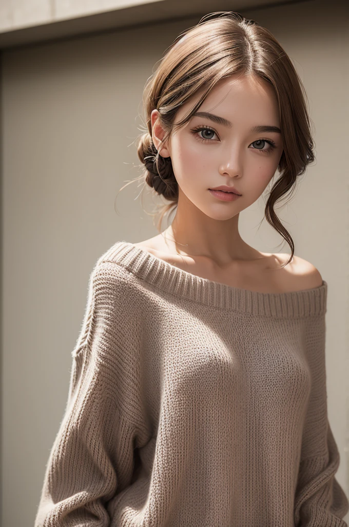 ((best qualityer)), ((work of art)), (detailded), 1 girl, shoulder to shoulder sweater, 