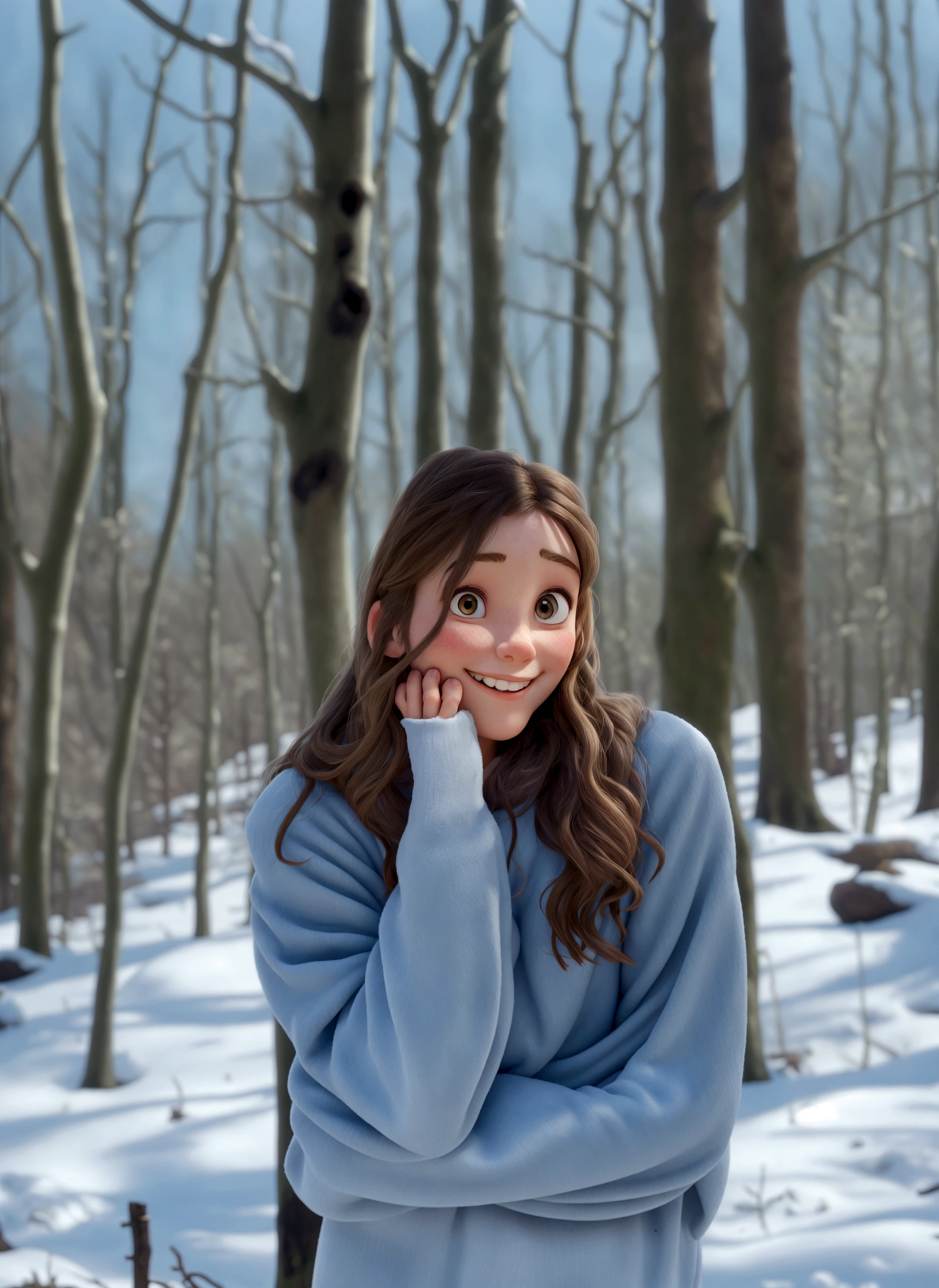 A girl in the woods holding her face and smiling