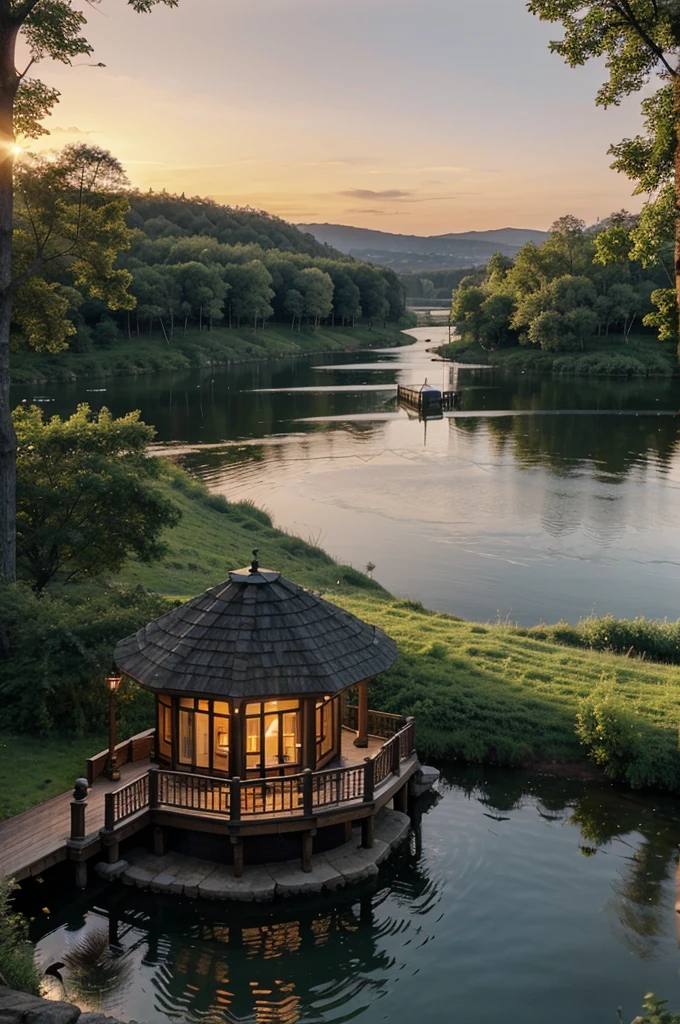 house design in a picturesque location, small, cozy, with a gazebo and sauna, river, forest, beautiful view, sunset