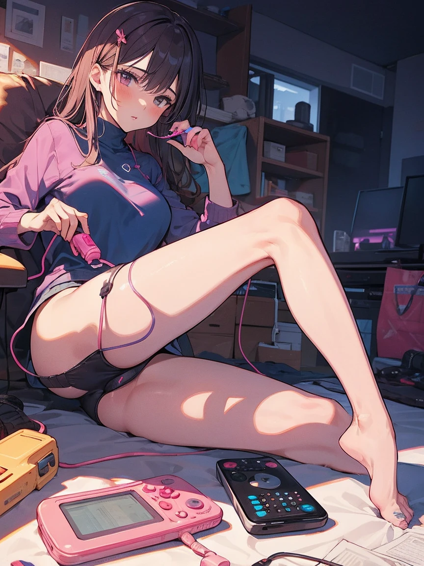 A woman with a remote control vibrator attached to her thigh, shame, Expose